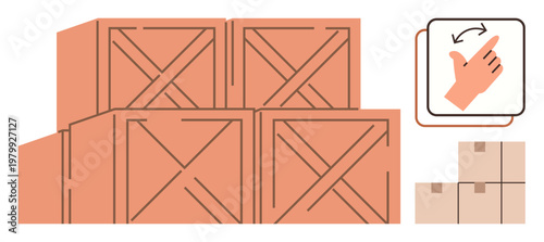 Logistics, shipping instructions, warehouse management, cargo storage, package handling, transportation. Multiple wooden crates stacked together, gesture icon indicating rotation, additional small