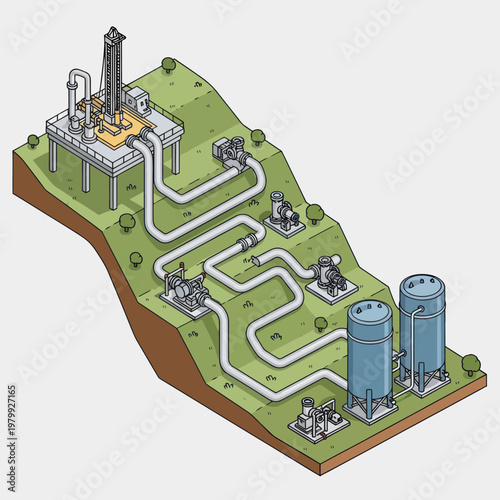Industrial oil and gas processing plant with pipelines and storage tanks on a hillside.