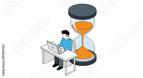 Isometric Illustration of a Man Working on Laptop with Giant Hourglass, Concept of Time Management, Deadlines, and Productivity Stress