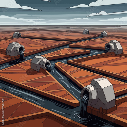 Irrigation system distributing water across agricultural fields.