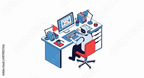 Isometric AI Robot Working at Computer Desk, Artificial Intelligence Office Automation Concept, Future Workforce Digital Assistant Vector Illustration