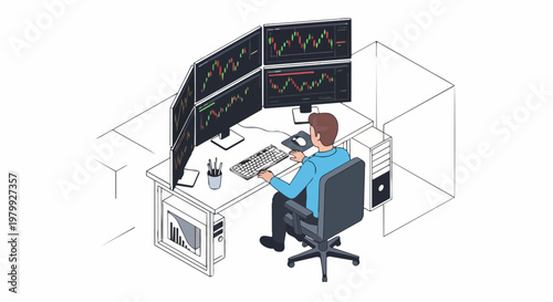 Isometric Illustration of a Professional Stock Trader Working at a Multi-Monitor Workstation with Financial Data and Candlestick Charts