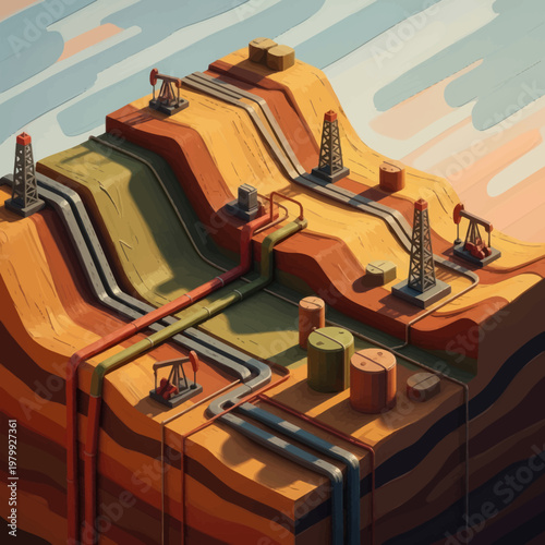 Oil extraction and transportation infrastructure in a stylized landscape.