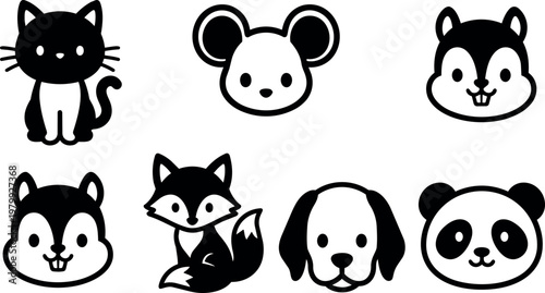 Black and white cartoon animal faces including cat mouse chipmunk fox dog and panda