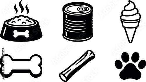 Black and white icons of dog food bowl bone can ice cream and paw print