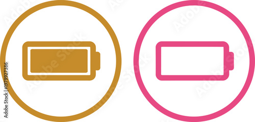 Full and empty battery status icons in golden and pink circles for mobile device interface display