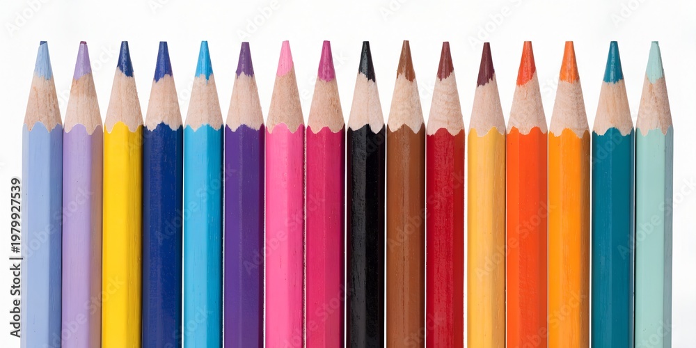 Fototapeta premium A vibrant row of colorful art pencils and wooden drawing equipment arranged in a rainbow group isolated on a white background for school education and office creativity