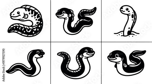 Happy cartoon eels in various poses and patterns