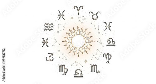Zodiac signs and sun symbol.