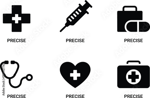 Collection of essential medical equipment icons featuring a syringe stethoscope and emergency first aid kit symbols