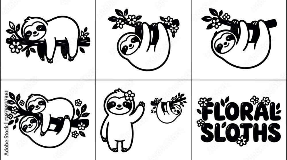 Fototapeta premium Black and white floral sloths with branches and flowers vector art set