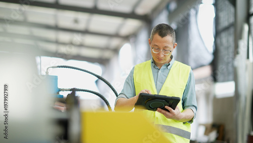 Fotografía Factory worker wearing reflective vest operating a tablet computer in industrial