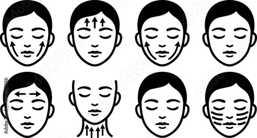 Black and white facial massage steps line art illustration with directional arrows on face and neck
