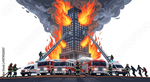 A vector illustration showcasing firefighters battling a skyscraper fire, with a flat design aesthetic, featuring several fire trucks and ambulances lined up in the foreground