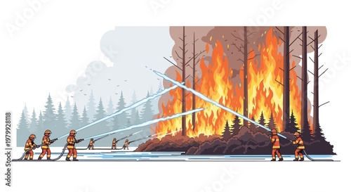 Detailed vector illustration of a team of firefighters in protective gear spraying water at a large forest fire, depicted with a flat design style and a dramatic orange and blue color