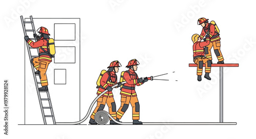 A dynamic vector illustration features firefighters in action, one climbing a ladder to a building with windows while others spray water from a hose, set against a clean white background