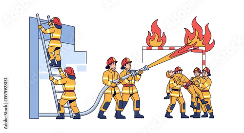 Vector illustration featuring firefighters in uniform working as a team to extinguish a fire with water hoses, one climbing a ladder, set against a clean white background