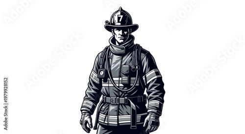 Monochromatic vector illustration of a firefighter in uniform, standing against a white background, emphasizing the intricate design and details of the protective gear and helmet