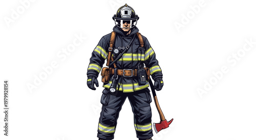Detailed vector illustration showcasing a fully equipped firefighter holding an axe against a clean white background, rendered in a realistic style with attention to uniform and gear