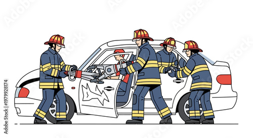 Vector illustration design showing a team of firefighters using hydraulic rescue tools to extract a victim from a damaged car, set against a clean white background with a focus on safety