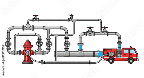 Detailed vector illustration showcasing a red firefighter truck connected to a fire hydrant via an intricate system of gray pipes and valves against a clean white background, rendered