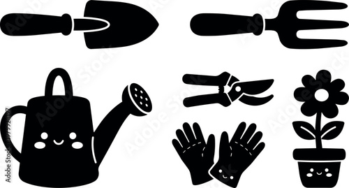 Black silhouette gardening tools gloves watering can and flower pot vector art