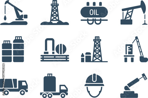 Set of oil and gas industry icons featuring drilling rigs pumps transport trucks and safety helmets
