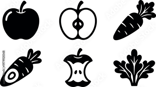 Black and white apple carrot and leaf vector icons set
