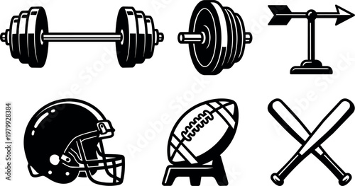 Black and white line art sports equipment including dumbbell football helmet and bats