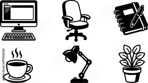 Black and white office computer chair notebook pen coffee lamp plant icons set