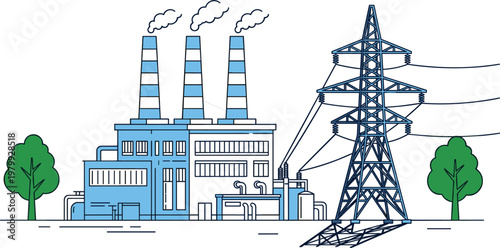 Industrial power plant with electricity transmission tower energy production facility and utility infrastructure engineering illustration
