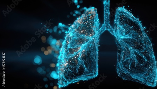 Abstract Digital Representation of Human Lungs with Glowing Particles.