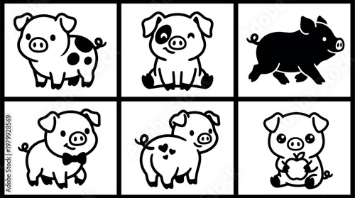 Black and white cartoon pig line art set with bow tie and apple