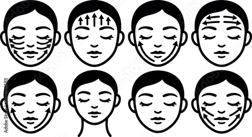 Black and white facial massage and lifting technique illustration set with arrows