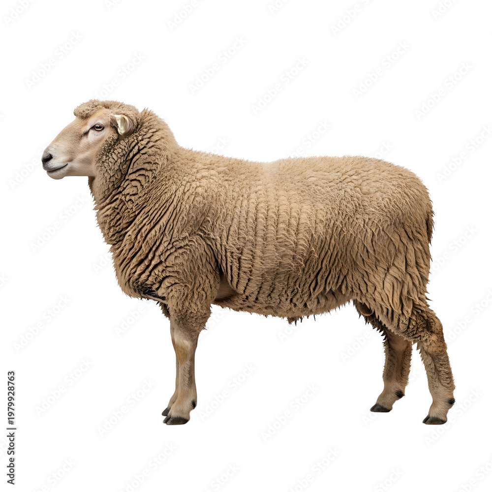 Obraz premium Adult woolly sheep standing profile view on transparent background