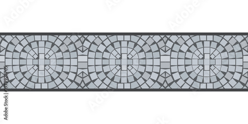 Gray tiles, circle paving. Single line road. Pedestrian footpath.
