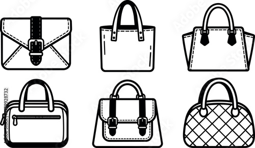 Six different handbag styles with buckles and quilted texture