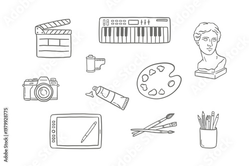 Creative art and hobby doodle set. Trendy line art featuring camera, synthesizer, clapperboard, greek statue, palette, and brushes. Ideal for aesthetic stickers and creator studio graphics.