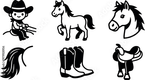 Black and white cowboy riding horse with western boots saddle and horse mane tail