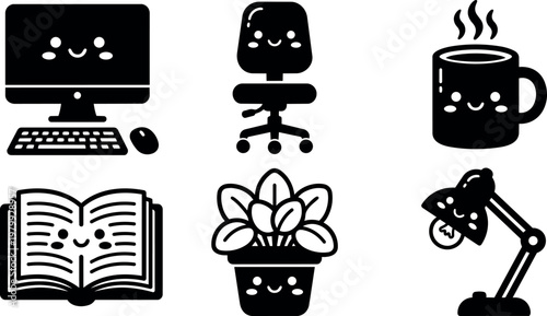Cute smiling office computer chair coffee cup book plant and lamp icons