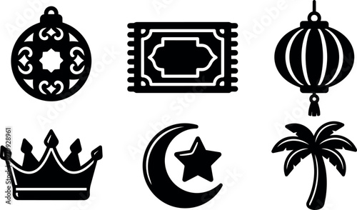 Black and white islamic crescent star palm tree crown lantern and carpet icons