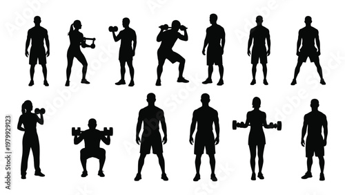 A collection of black silhouette figures depicting various athletic poses showcasing fitness exercise and physical training high quality professional detailed modern