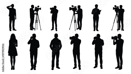 A collection of silhouette figures depicting photographers and videographers using various equipment including tripods and cameras high quality professional detailed modern