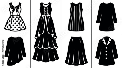 Eight different styles of womens dresses and coats