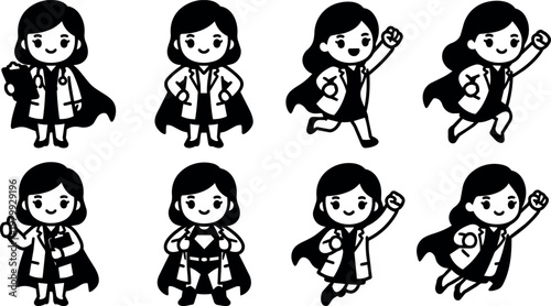 Female doctor superhero in various poses