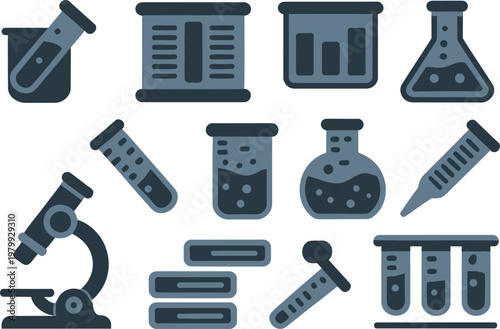 Scientific collection featuring various laboratory tools including microscopes beakers test tubes and medical testing equipment items