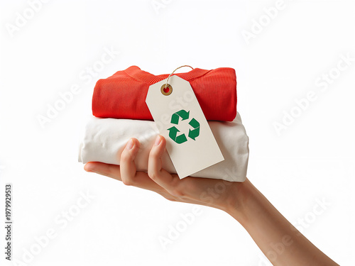 Hand holding folded eco clothing with recycling tag