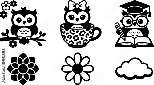 Black and white owl icons with flower branch teacup and graduation cap line art