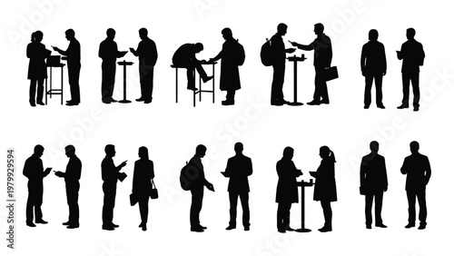 A collection of black silhouette figures depicting people in various conversation and networking scenarios at an event high quality professional detailed