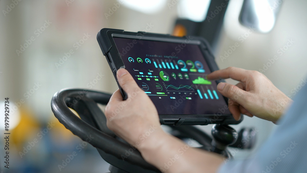 Fototapeta premium Worker holding tablet to view industrial data charts and real-time monitoring interface